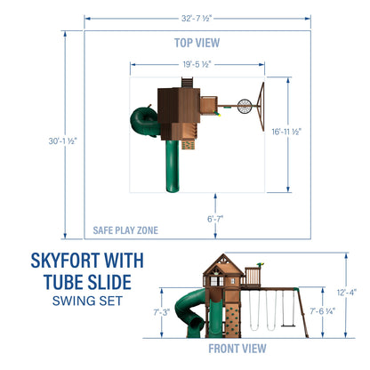 Backyard Discovery Skyfort All Cedar Swing Set, Elevated Covered Wood Roof Clubhouse with Bay Windows, 2 Belt Swings, Web Swing, 10ft Wave Slide, 5 ft Tube Slide, Covered Picnic Table, 5 ft Rock Wall