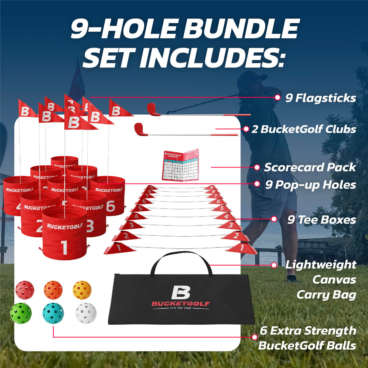 BUCKETGOLF 9 Hole Bundle with Clubs, Outdoor Golf Game for All Ages