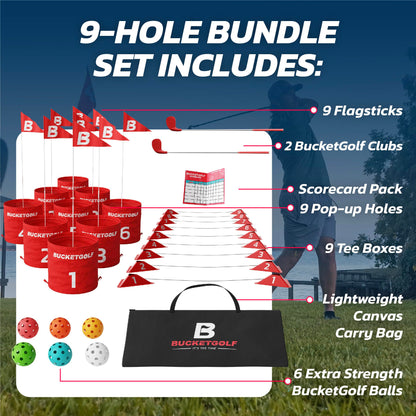 BUCKETGOLF 9 Hole Bundle with Clubs, Outdoor Golf Game for All Ages