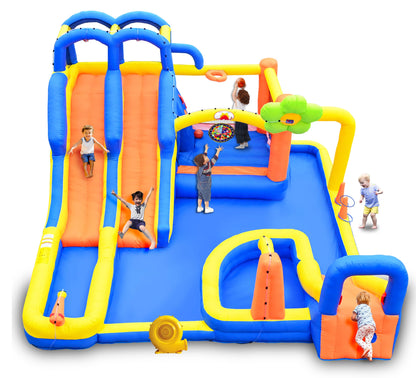 WELLFUNTIME 14 in 1 Inflatable Water Park with 3 Slides Bounce House, Dartboard, Ring Toss Game, 650W Blower, Backyard Waterslide for Kids