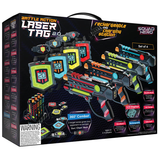 Squad Hero Rechargeable Laser Tag 360° Sensors + LCDs - Set of 4 - Birthday Gift Ideas for Kids Teens & Adults Boys & Girls Family Fun - Cool Teenage Lazer Group Activity, Teen Gifts Ages 8+ Year Old