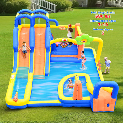 WELLFUNTIME 14 in 1 Inflatable Water Park with 3 Slides Bounce House, Dartboard, Ring Toss Game, 650W Blower, Backyard Waterslide for Kids