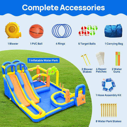 WELLFUNTIME 14 in 1 Inflatable Water Park with 3 Slides Bounce House, Dartboard, Ring Toss Game, 650W Blower, Backyard Waterslide for Kids