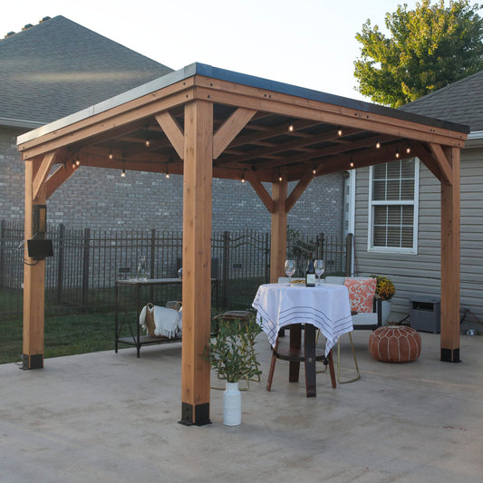Backyard Discovery Arcadia 12' x 9.5' Cedar Wood Outdoor Gazebo Pavilion with Hardtop Galvanized Steel Slope Roof, Snow Support, Wind Resistance, PowerPort, Shade for Garden, Patio, Deck, Entertaining