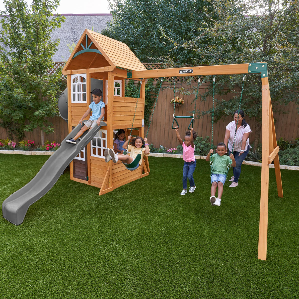 KidKraft Sterling Falls Wooden Swing Set/Playset with Clubhouse, Mailbox, Slide and Play Kitchen