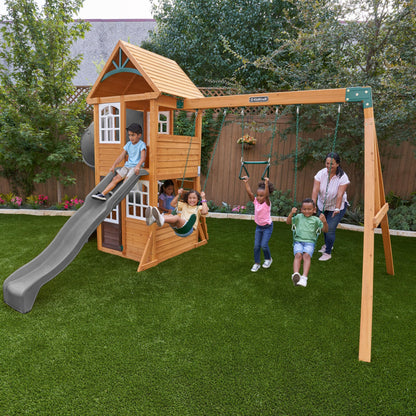 KidKraft Sterling Falls Wooden Swing Set/Playset with Clubhouse, Mailbox, Slide and Play Kitchen
